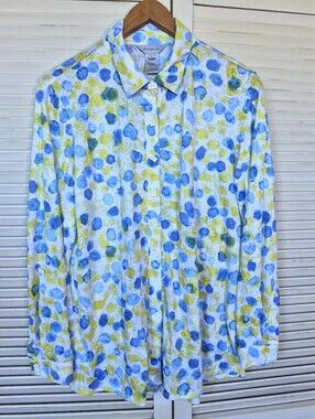 Multiples Women's Long-Sleeve Button-Up Shirt Blue & Yellow Dot Print Size Large